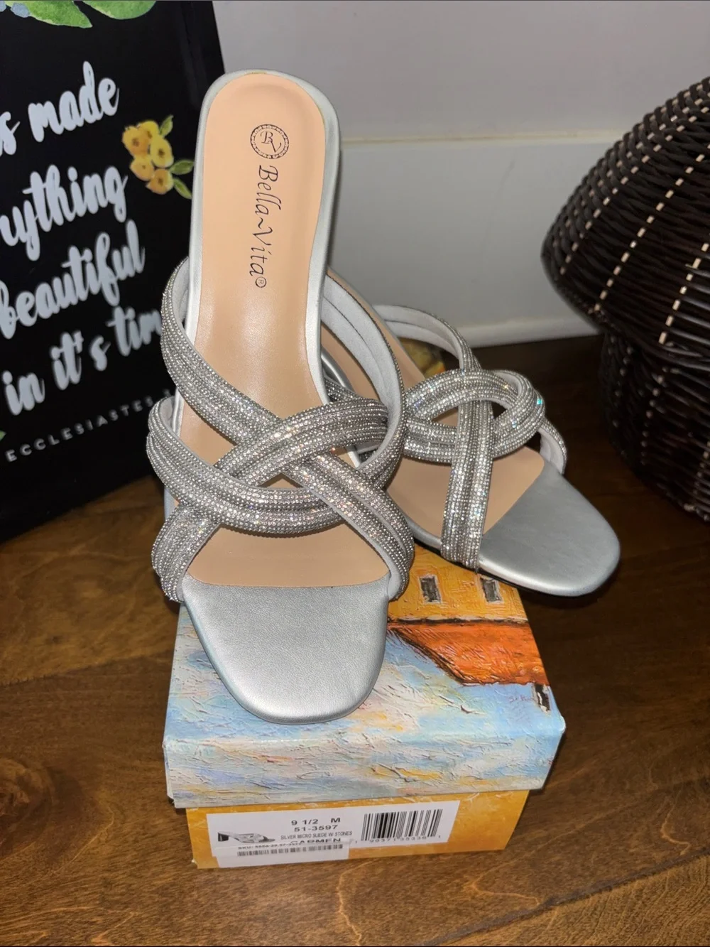 Bella Vita Silver Rhinestone Knotted Slide Heels micro suede in stones 9.5 NIB